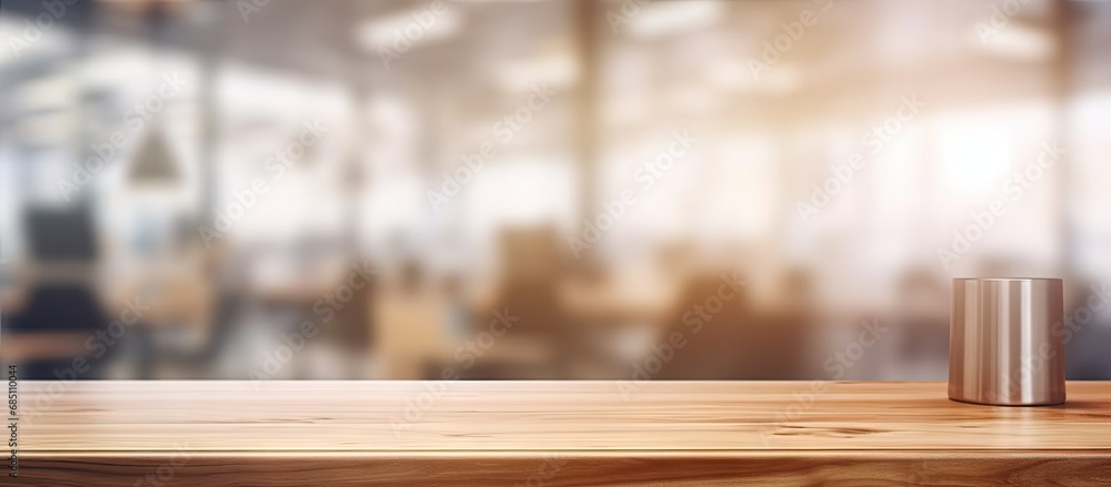 Poster minimalist workspace. empty wooden desk or table in bright room perfect for creating clean and moder