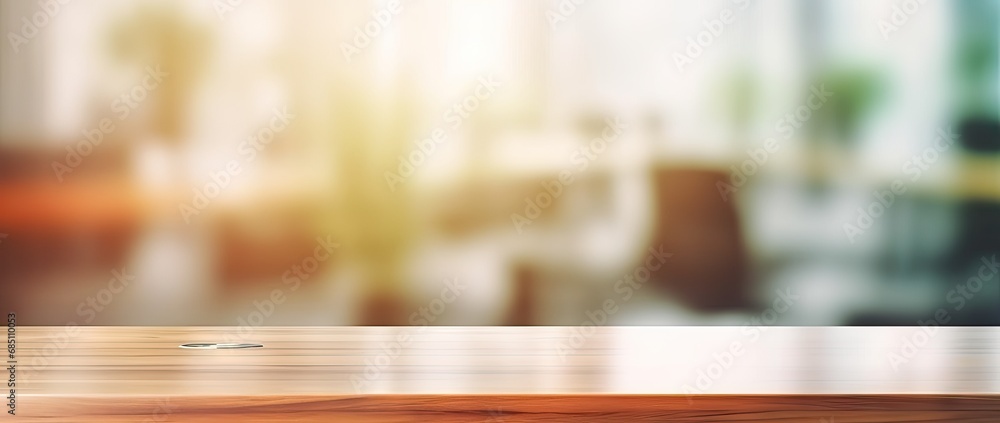 Poster minimalist workspace. empty wooden desk or table in bright room perfect for creating clean and moder