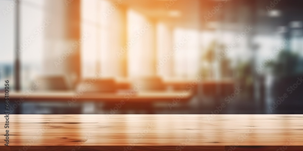 Poster minimalist workspace. empty wooden desk or table in bright room perfect for creating clean and moder