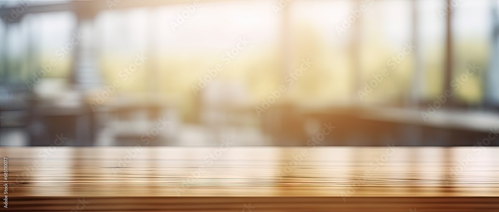 Poster minimalist workspace. empty wooden desk or table in bright room perfect for creating clean and moder