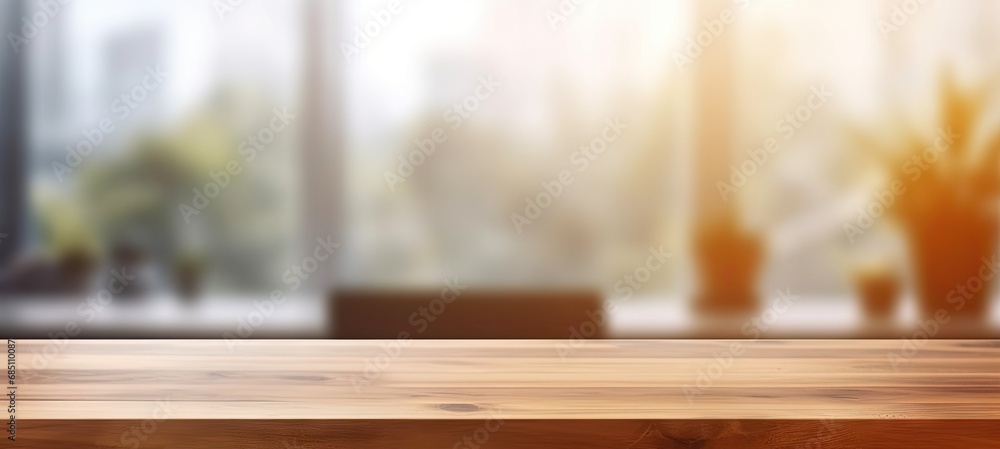 Poster minimalist workspace. empty wooden desk or table in bright room perfect for creating clean and moder