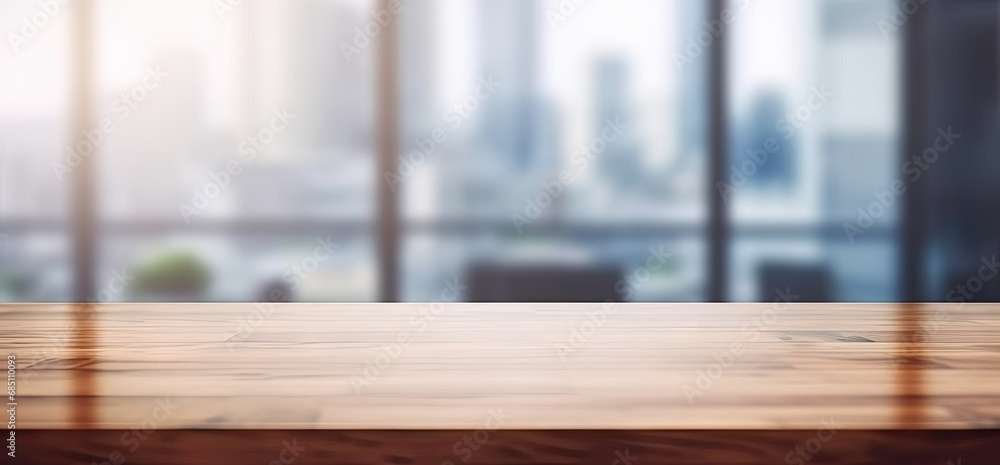Poster minimalist workspace. empty wooden desk or table in bright room perfect for creating clean and moder