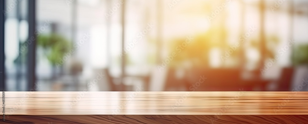 Poster minimalist workspace. empty wooden desk or table in bright room perfect for creating clean and moder
