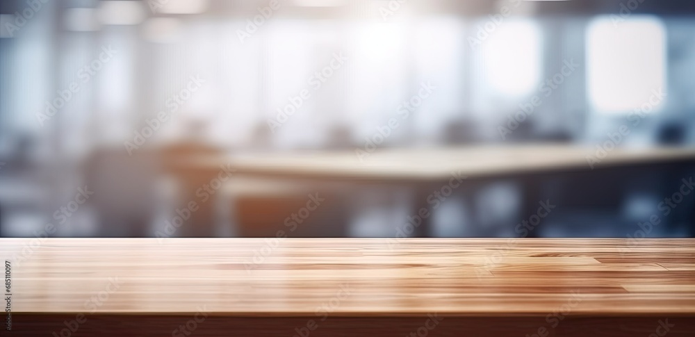 Poster minimalist workspace. empty wooden desk or table in bright room perfect for creating clean and moder