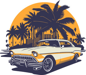 Classic american car style. Vintage vehicle vector illustration. Modern print design of retro machine.