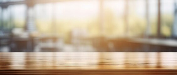 Minimalist workspace. Empty wooden desk or table in bright room perfect for creating clean and modern background for product displays design mockups for interior design concepts