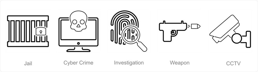 A set of 5 Justice icons as jail, cyber crime, investigation