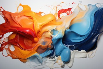 Vivid clash of red, blue, and orange ink clouds in water, creating a dramatic, fluid abstract with an explosive energy.