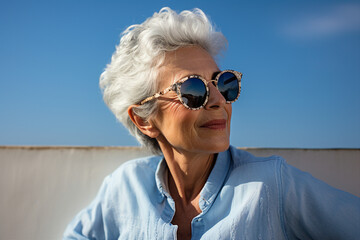 Generative AI portrait of retired woman pensioner dressed in stylish outfit walking summer day