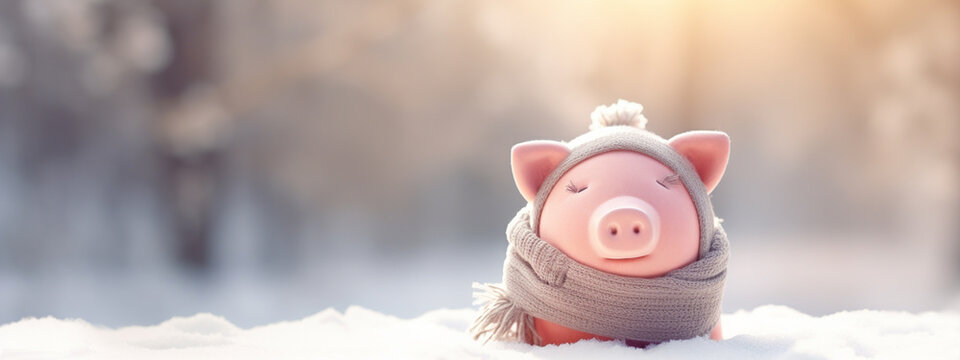 A pink piggy bank money box wrapped up warm with a scarf. Winter heating bills concept.Generative AI