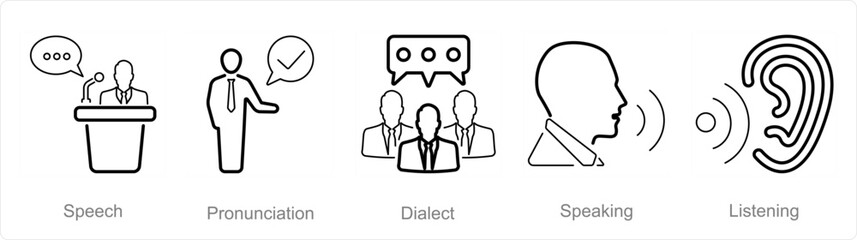 A set of 5 Language icons as speech, pronounciation, dialect - obrazy, fototapety, plakaty
