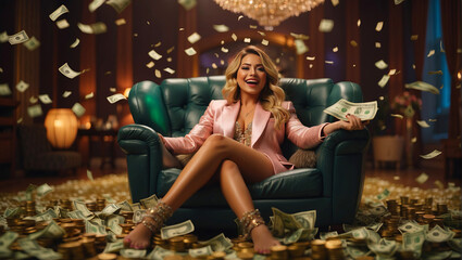Happy and shoutting rich female influencer millionaire sits with a bundle of money dollars cash in big luxury armchair while bills falling - obrazy, fototapety, plakaty