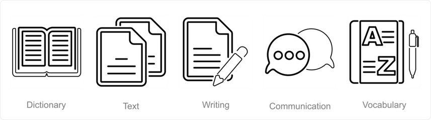 A set of 5 Language icons as dictionary, text, writing