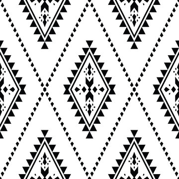 Indigenous seamless repeat pattern. Aztec ethnic retro style. Tribal abstract geometric background. Black and white. Design for rug, curtain, pillow, textile, wrapping, fabric, tablecloth, embroidery.