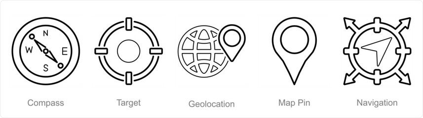 A set of 5 Location icons as compass, target, geo location