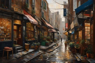 Selbstklebende Fototapete Enge Gasse Step into the realm of Realism with a painting that meticulously captures the essence of everyday life. 