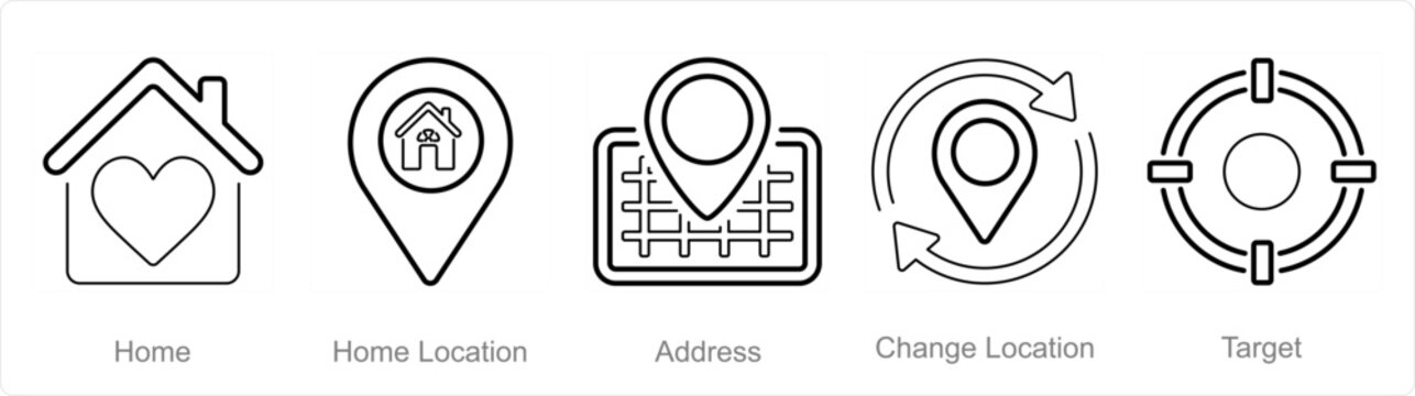 A set of 5 Location icons as home, home location, address