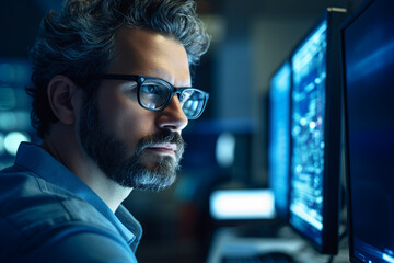 Genius hacker person in modern office against cyber code background Generative AI