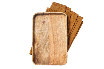 Cooking background with old empty wooden tray over the towel.  Transparent background. Isolated. - obrazy, fototapety, plakaty