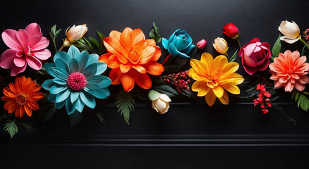 Colorful flowers on a black banner background. Side view with copy space - AI Generative