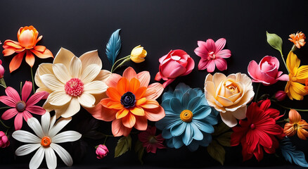 Colorful flowers on a black banner background. Side view with copy space - AI Generative