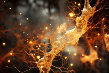 A close-up of golden, luminous neural or fungal networks with glowing orbs and particles against a dark backdrop