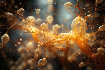 A close-up of golden, luminous neural or fungal networks with glowing orbs and particles against a dark backdrop