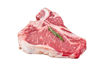 Raw T bone beef meat steak, porterhouse steak on butcher table with rosemary.  Transparent...