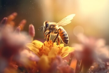 a honey bee is working hard and pollinating flowers. generative ai