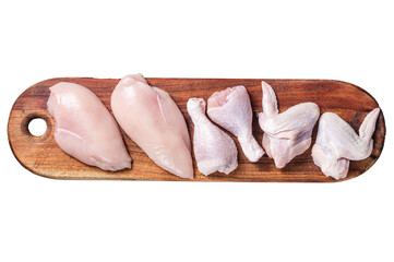 Chicken meat assortment.  Raw parts - drumstick, breast fillet, wings, thigh.  Transparent...