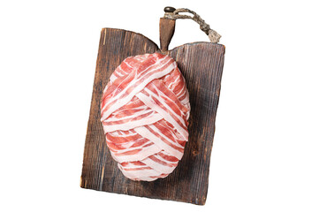Raw meatloaf with ground meat and bacon with herbs and spices on wooden cutting board.  Transparent...