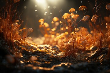 Magical sunlit forest floor with delicate, translucent fungi and moss, evoking a magical, miniature landscape. Abstract artwork. 