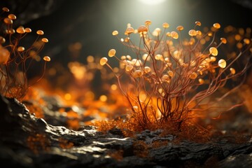 Magical sunlit forest floor with delicate, translucent fungi and moss, evoking a magical, miniature landscape. Abstract artwork. 