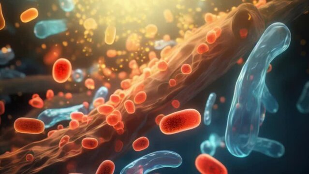Diversity of bacteria and viruses. Microscopic perspective showcasing different bacterial species and cells floating in the intercellular space. Molecular biology and microbiology. Motion. Zoom in