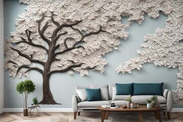 Immerse yourself in the artistic beauty of a 3D wallpaper featuring a tree painting in a vibrant wall relief.  - obrazy, fototapety, plakaty