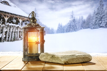 Wooden table of free space for your decoration. Winter snow and frost. empty space for your products. Magic christmas time. Mockup background and cold december day. 