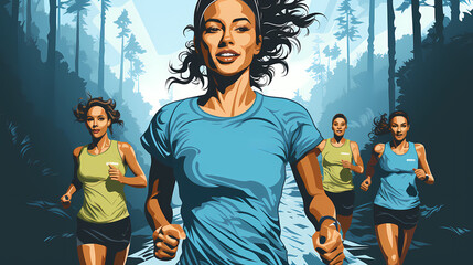 Obraz na płótnie Canvas Happy young woman running so fast, illustration of beautiful sunny day sport outdoor