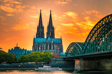 Koln Germany city skyline, Cologne skyline during sunset , Cologne bridge with cathedral Germany Europe Europe