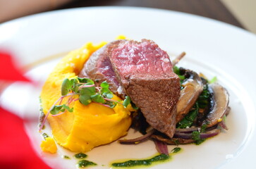 close up view beef steak with pure 