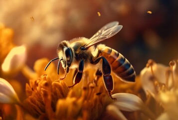 a honey bee is working hard and pollinating flowers. generative ai