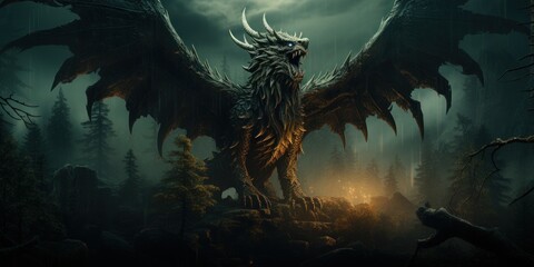 a huge mystical monster with a lion's head, horns and wings in a dark forest, poster, preview - obrazy, fototapety, plakaty