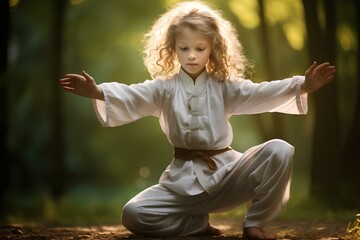 A girl child is engaged in Tai chi and qigong, Chinese wellness gymnastics and martial arts, training of mind and body.
