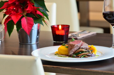 close up view beef steak with pure 