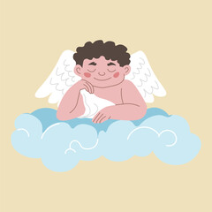 Kid angel with wings leaned on cloud in haven