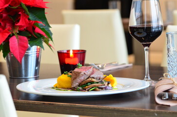 close up view beef steak with pure 