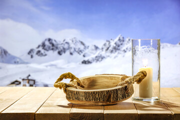 Desk of free space and winter landscape of mountains. Board with pedestal. Mockup background and winter december time. 