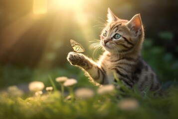 Cute cat is playing on green grass with butterflies flying in blurred background and beautiful sunlight. generative ai