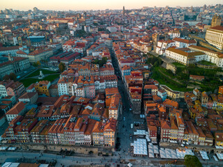 Porto, Portugal, aerial view from drone on Ribeira district before sunset