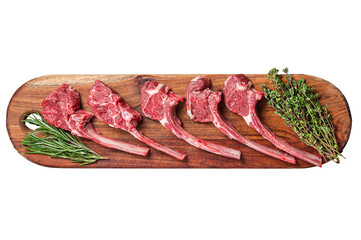 Raw Lamb chop steak on butcher board with rosemary and thyme.  Transparent background. Isolated.