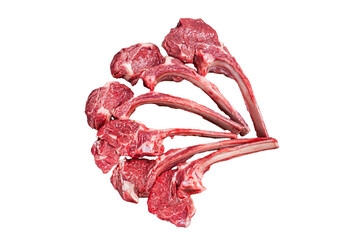Lamb chop rib steak, raw mutton meat cutlet in golden plate.  Transparent background. Isolated.
